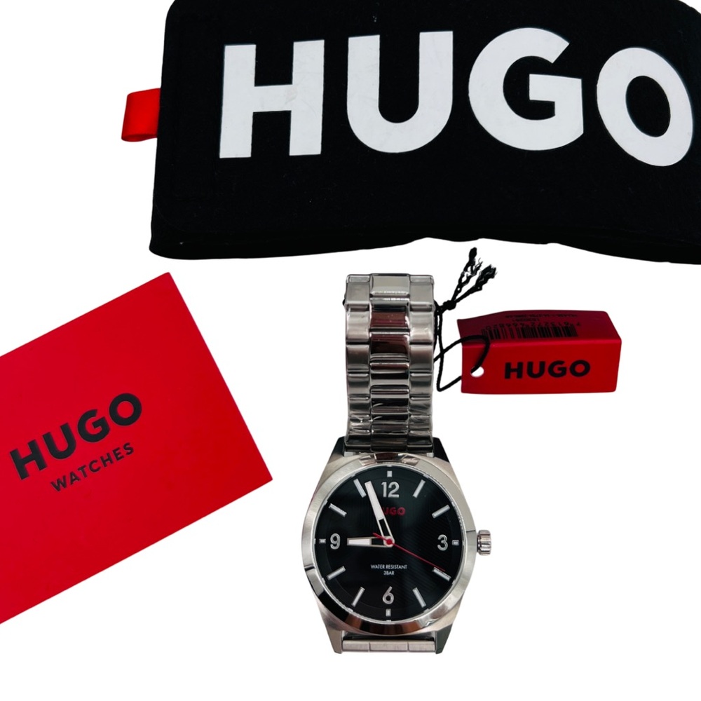 HUGO BLack & Silver Stainless Steel Link Watch NWT